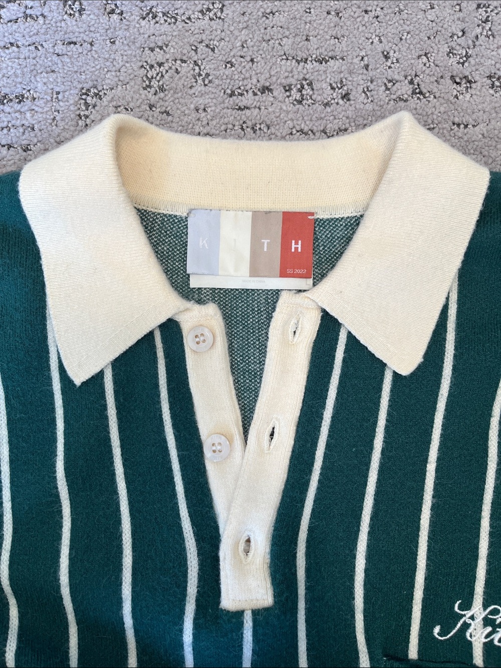 Kith Harmon Rugby Pullover Sweater Green and Cream - Picture 2 of 5